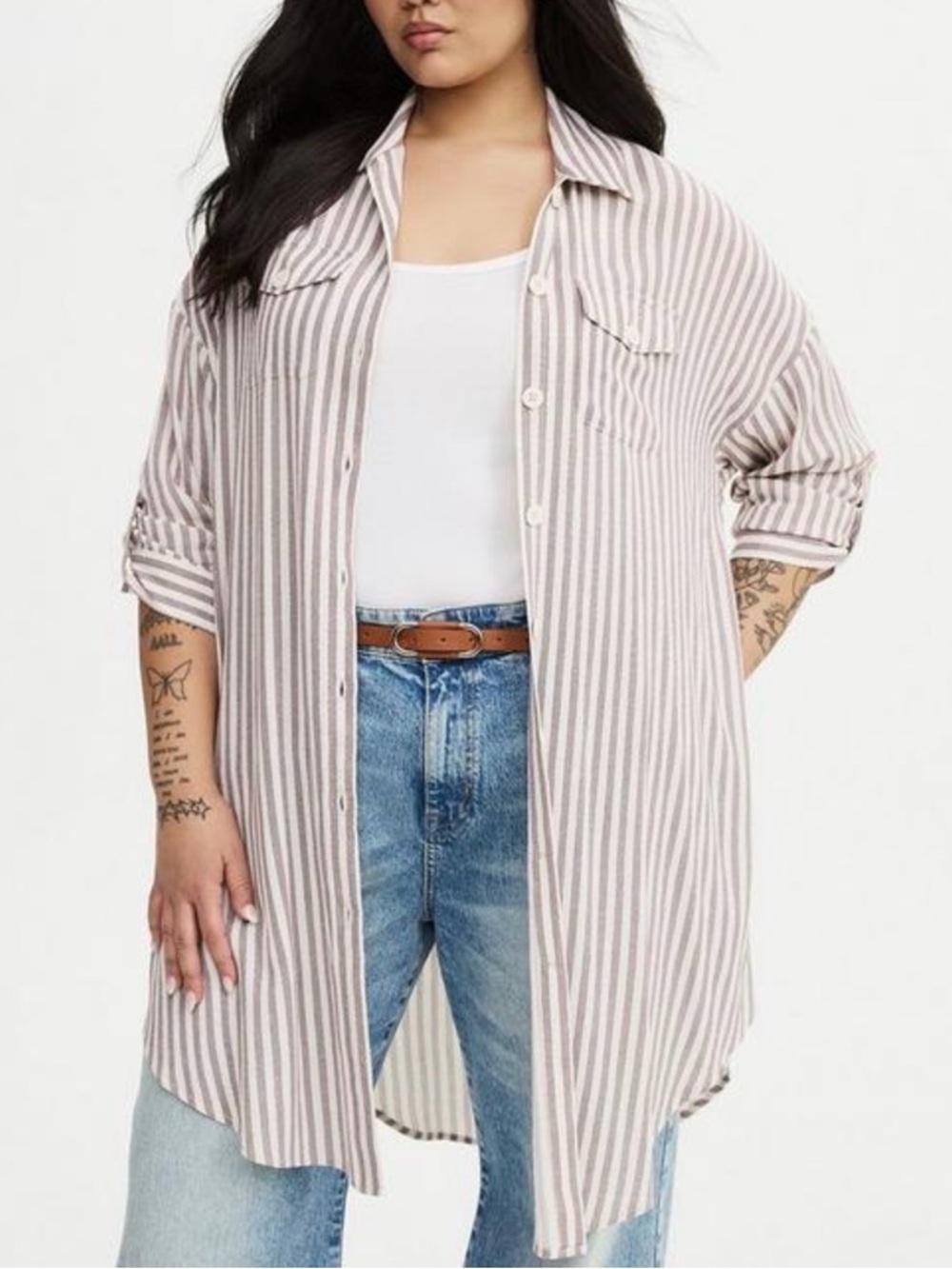 torrid Beige & White Vertical Stripe Button-Down Shirt
